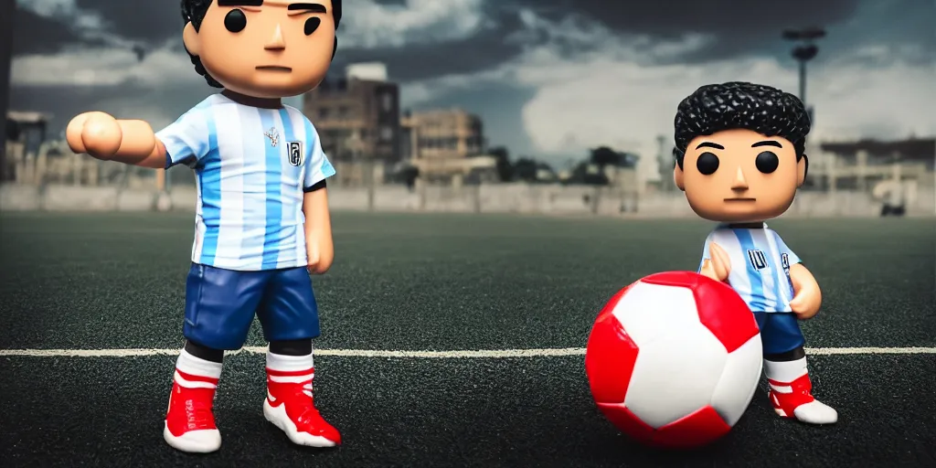Image similar to funko pop of young thing maradona with big head, argentina t - shirt, smile, no beard, stand with a ball under his left foot, max resolution, high contrast, cinematic, light cinematic, volumetric, realistic, cinematic lighting, octane render, hyper realistic