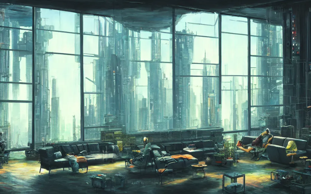 Image similar to cyberpunk loft lounge with tall windows, no people, city in background, drawn by feng zhu, sparse plants, dim painterly lighting volumetric aquatics, impasto