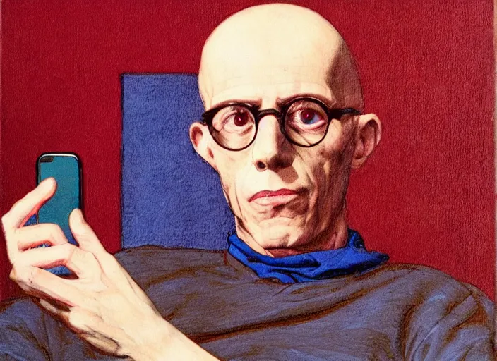 Image similar to michel foucault using iphone, muted blue and red tones, portrait face, in the style of peter ferguson, frantisek kupka, intricate, miles johnston, kuroda seiki, cynical realism, ozabu, john william godward, painterly, yoshitaka amano, moebius, miles johnston, louise zhang, james jean