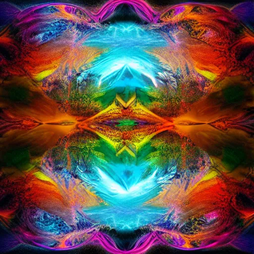 Prompt: Mountain bright reflections fractal HD 4k Realistic colorful dream in the style of Alex Grey and Ansel Adams