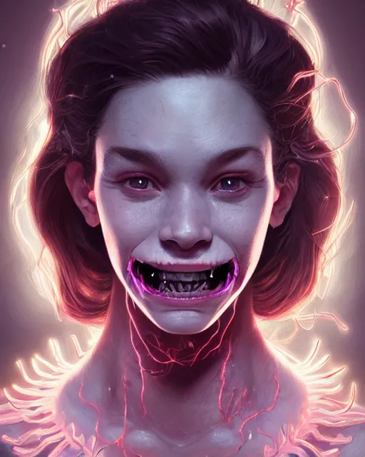 Prompt: portrait of a cute female fangtooth, bioluminescent, veins, horror, happy, highly detailed, digital painting, cinematic, hyperrealism, dark retrowave, art by stanley lau and artgerm and magali villeneuve and alphonse mucha, artstation, octane render, cgsociety