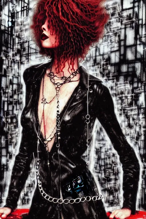 Prompt: dreamy gothic girl, black leather slim clothes, chains, red water, beautiful body, detailed acrylic, grunge, intricate complexity, by dan mumford and by alberto giacometti, peter lindbergh