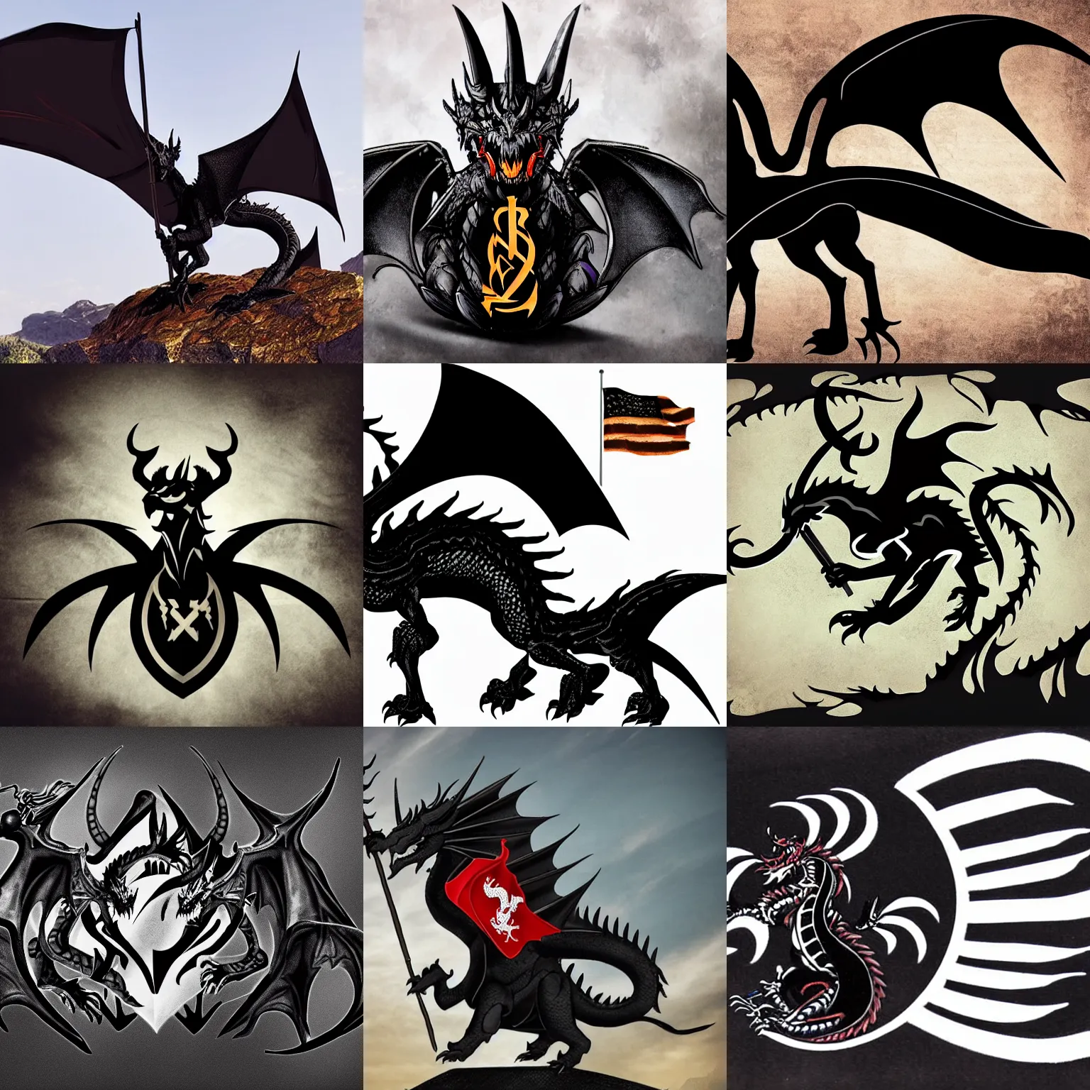 Prompt: a black western dragon with four horns, waving a flag with lambda symbol