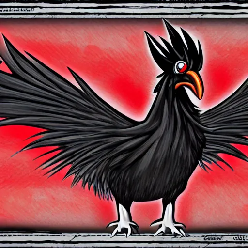 Image similar to crazy black chicken looking angry at you with red eyes, anime style