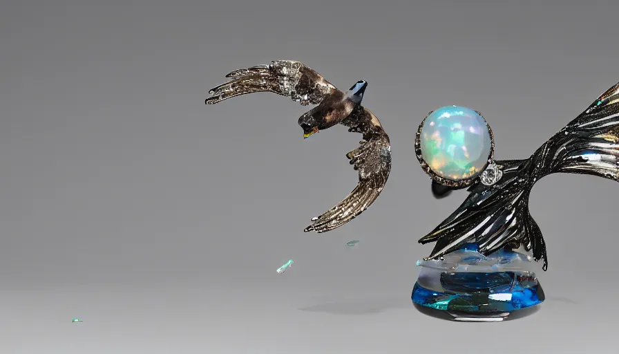 Image similar to diamonds, pearls, ice crystals, opals and other various gemstones being thrown around in the shape of a hawk by a tornado, museum sculpture, 4k, high quality photograph, award-winning