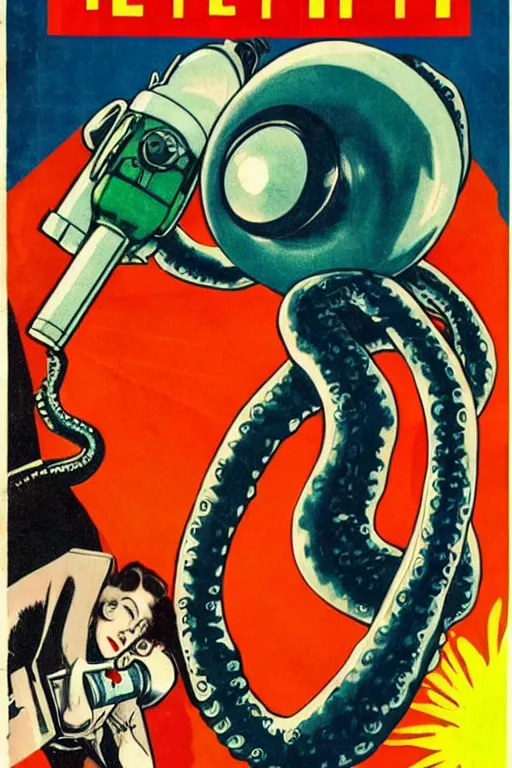 Prompt: one eyed tentacle alien holding ray gun, in style of 1950s pulp fiction cover
