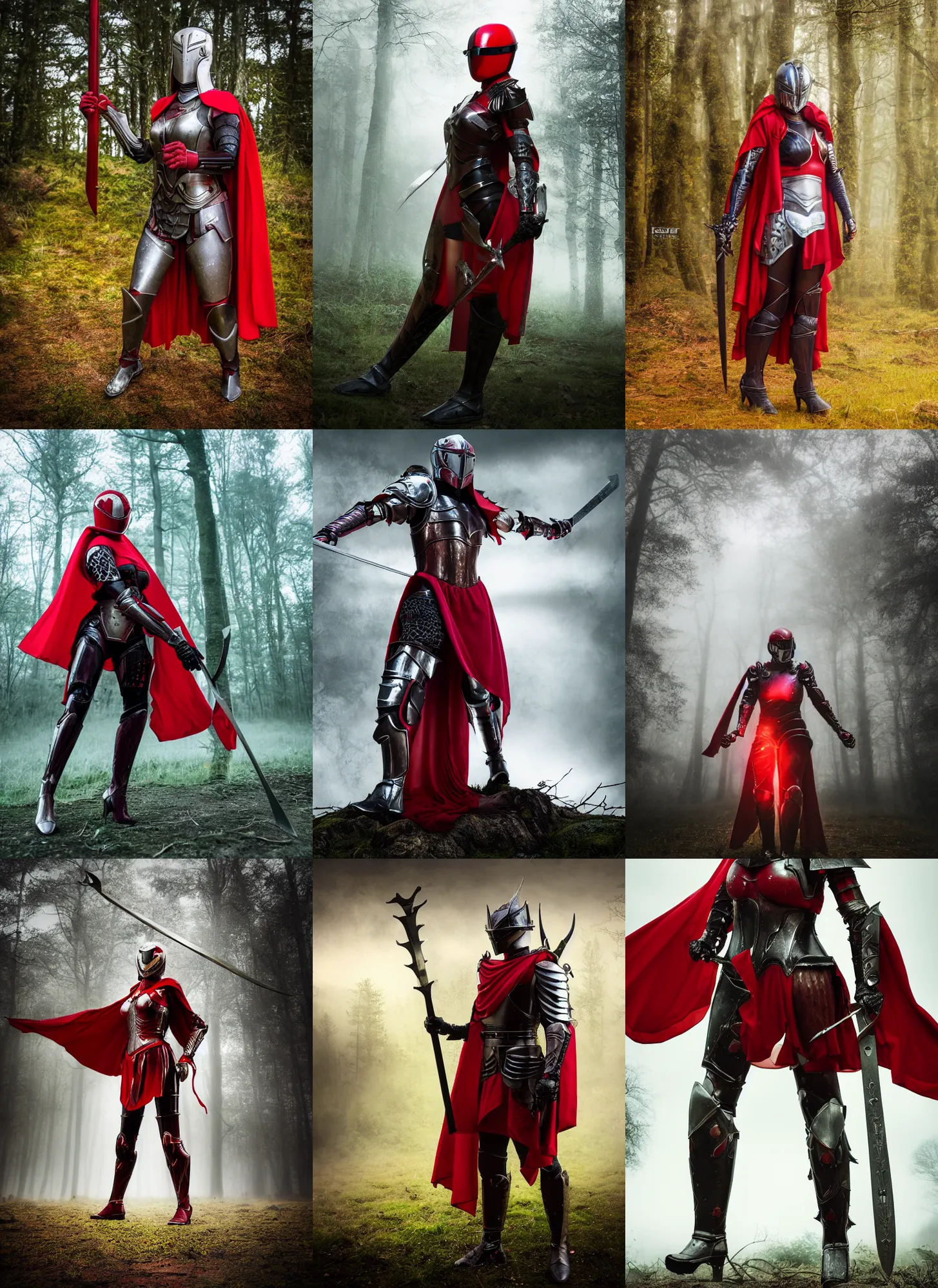 Prompt: big muscular helmeted female warrior with a long red cape wielding two swords wearing full body knight!! armor, forest plains of yorkshire, misty forest, elden ring, dark souls, good value control, digital painting, sharp focus, rule of thirds, 4k, knight inspired kamen rider armor, rubber suit, centered, magic hour photography, atmospheric, moody vibrant colors