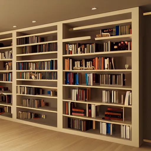 Image similar to wooden bookshelves with led strip lights, homes and gardens, super detailed render,