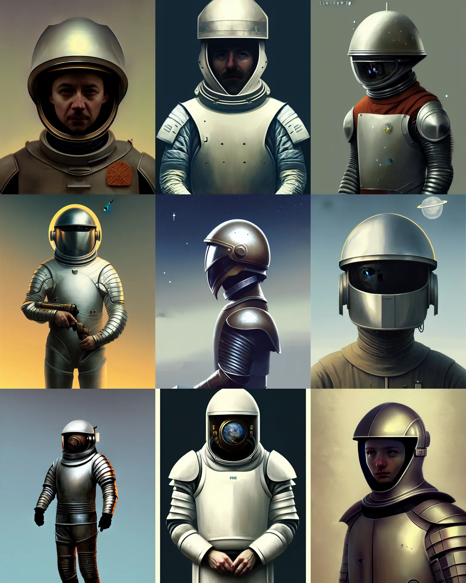 Prompt: modern astronut, wearing medieval knight helmet, illustration by yuri shwedoff, artstation, concept art
