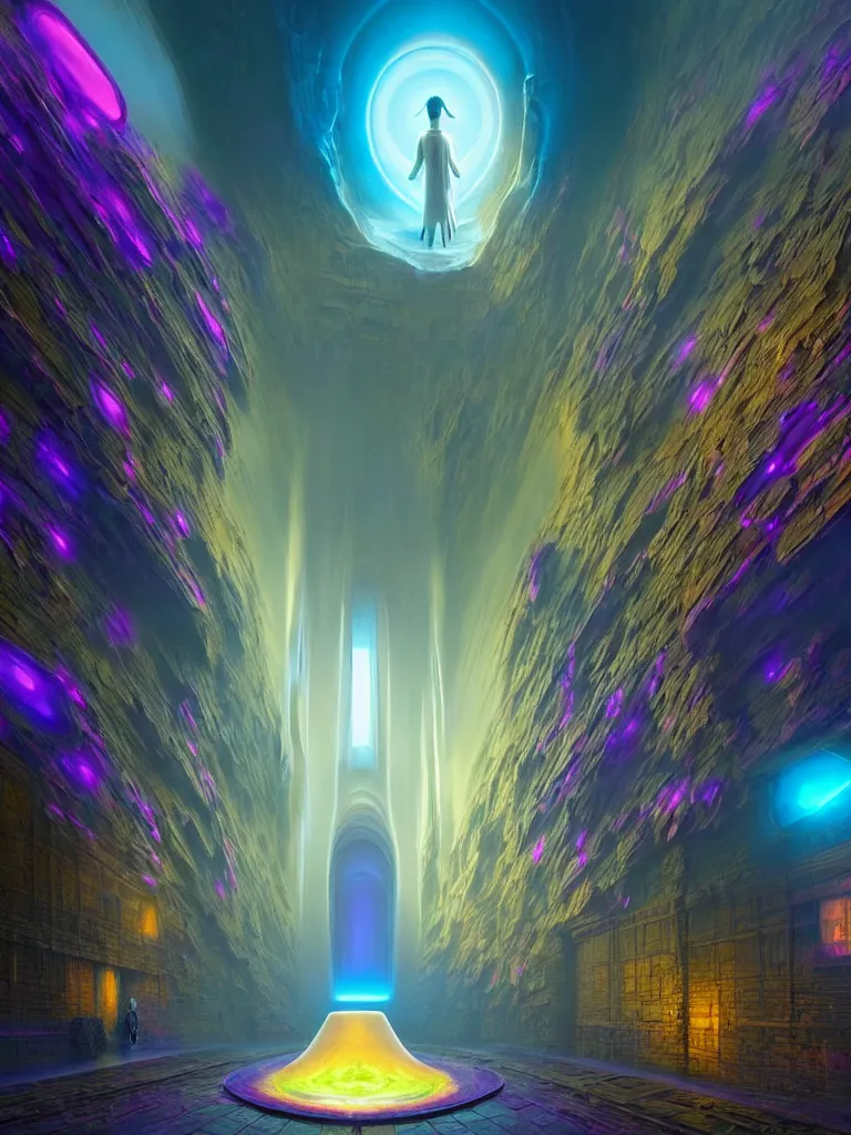 Image similar to entrance to ethereal realm, god waiting, rendered in unreal engine, central composition, symmetrical composition, dreamy colorful cyberpunk colors, 6 point perspective, fantasy landscape with anthropomorphic!!! terrain!!! in the styles of igor morski, jim warren, and rob gonsalves, intricate, hyperrealistic, volumetric lighting, big sky, distinct horizon