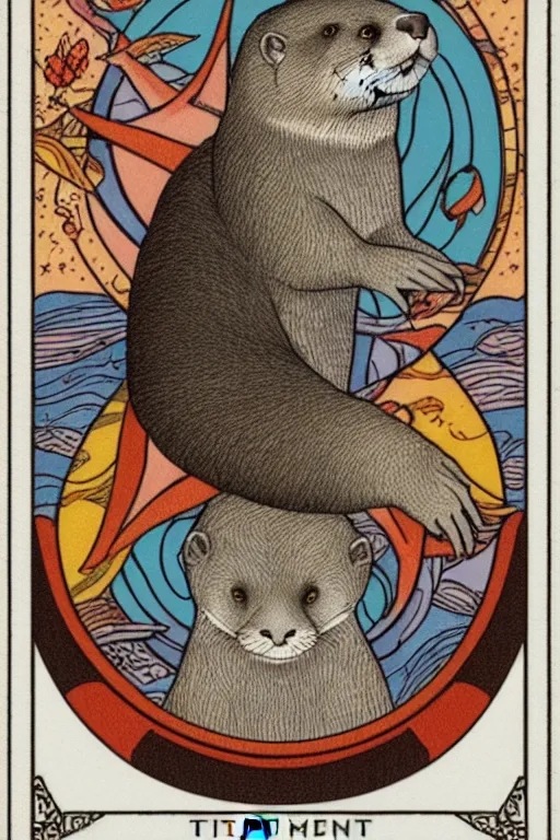 Prompt: tarot card illustration depicting an otter on the card tepmerance, framed in an elaborate line border, tarot card, detailed illustration, otter, furry art, artstation, 4 k