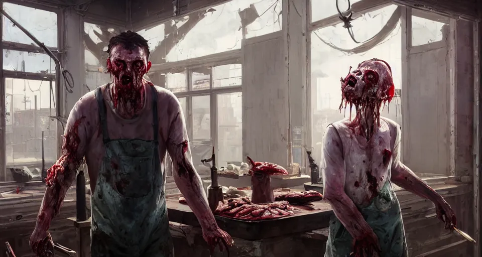 Image similar to highly detailed portrait butcher zombie in gta v, old butchery interior, stephen bliss, unreal engine, fantasy art by greg rutkowski, loish, rhads, ferdinand knab, makoto shinkai and lois van baarle, ilya kuvshinov, rossdraws, tom bagshaw, global illumination, radiant light, detailed and intricate environment