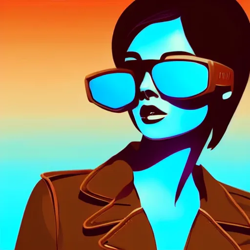 Prompt: a woman with light blue shutter shades in front of a sunset, a dark brown leather jacket, one side brown haircut with blue ends, vector art by jan tengnagel, pixabay contest winner, retrofuturism, retrowave, synthwave, outrun, portrait, synthwave