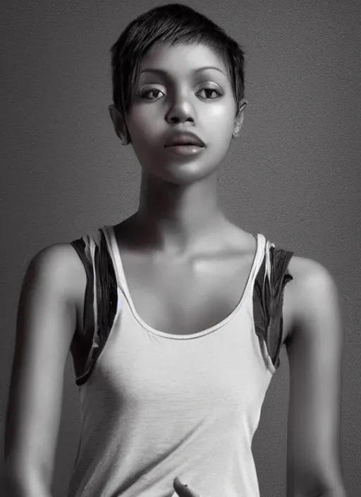 Image similar to attractive girl, short hair, dark skin, slim, white tank top, digital art