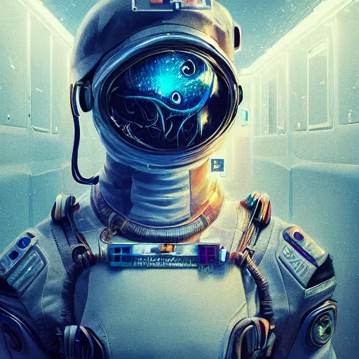 Image similar to portrait of a squid monster astronaut. full body portrait, intricate abstract. cyberpunk, intricate artwork. neon eyes, by Tooth Wu, wlop, beeple. octane render, trending on artstation, greg rutkowski very coherent symmetrical artwork. cinematic, hyper realism, high detail, octane render, 8k, minimalistic, hyperrealistic surrealism, award winning masterpiece with incredible details, a surreal vaporwave liminal space, highly detailed, trending on ArtStation