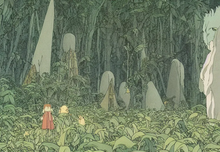 Image similar to a movie still from a studio ghibli film showing several large white pyramids in a swampy jungle. by studio ghibli, rebecca guay, michael kaluta, charles vess