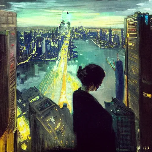 Image similar to “ a girl! looking down at a futuristic new york city below, ghostpunk, detailed face, oil painting, by george bellows ”