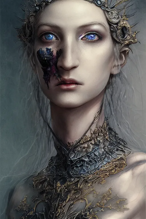 Prompt: beautiful stygian strange detailed an entire full-body victorian a blue eyed, blonde haired crowned queen of summer with light elvish overtones by Emil Melmoth, Zdzislaw Beksinski, Craig Mullins, yoji shinkawa ,cross, artstation, pete morbacher, hyper detailed, very detailed, artstation, rendering by octane, unreal engine, forest background.