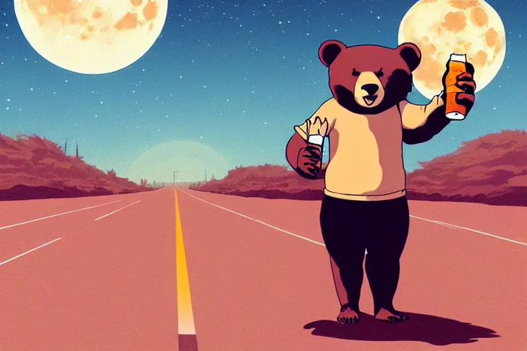 Prompt: a study of a cell shaded cartoon bear holding and drinking a beer on a desert road in front of a big moon, full body, wide shot, very muted colors, post grunge, studio ghibli, laurie greasley, highly detailed, deviantart, art by artgem