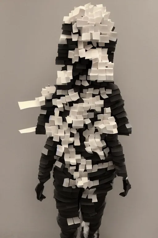 Image similar to female adventurer in tight full - body sticky note armor made out of several hundred sticky notes and a white porcelain crow mask, trending in artstation, japanese, artstation, establishing shot