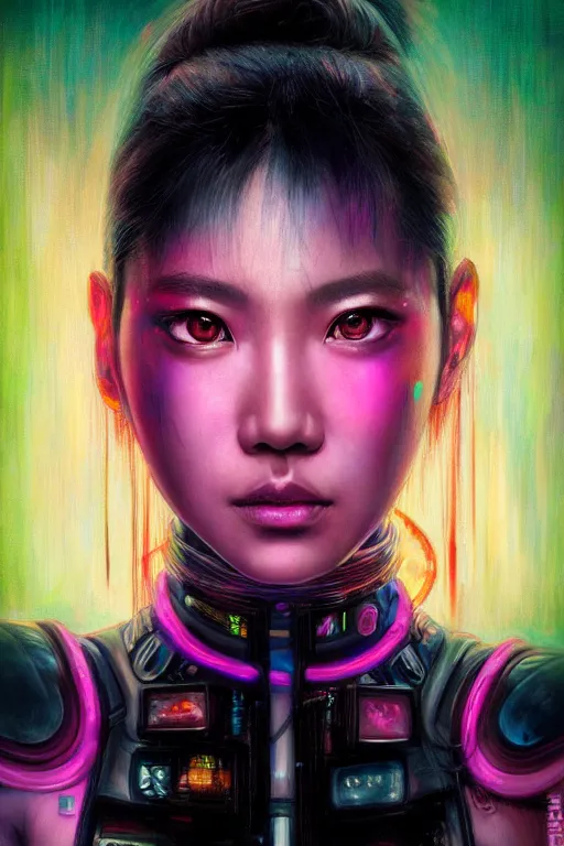 Prompt: stunning highly detailed portrait of a beautiful asian female cyberpunk, soft lighting, pastel neon colors, oil on canvas, strong lighting, by Glenn Fabry, HD, 4K