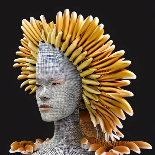 Prompt: complex 3 d render hyper detailed ultra sharp old samurai portrait, close - up, futuristic biomechanical, smooth porcelain ivory fair face, iris van herpen white daisies red corals headdress filigree lace haute couture headdress with rhizomorph finials spires, brackets, fractal colorful puffballs, octane render, 8 k, vibrant yellow colors, surreal