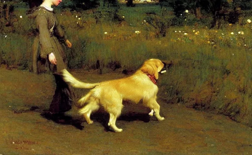Image similar to a golden retriever walking though Siberia painted by John William Waterhouse