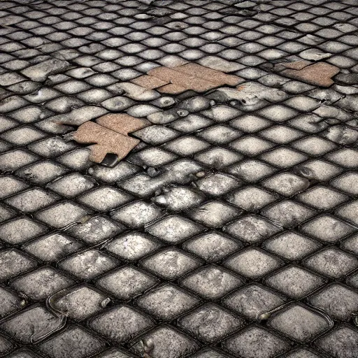 Image similar to ttop down tile texture of abandonned metal floor, ancient mecanisme, steampunk, substance painter, artstation, octane render, vray, 4 k