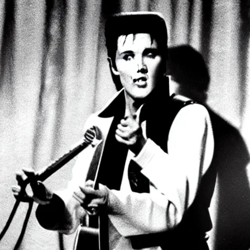 Prompt: a photo of elvis presley on stage performing with a brown paper bad over his head