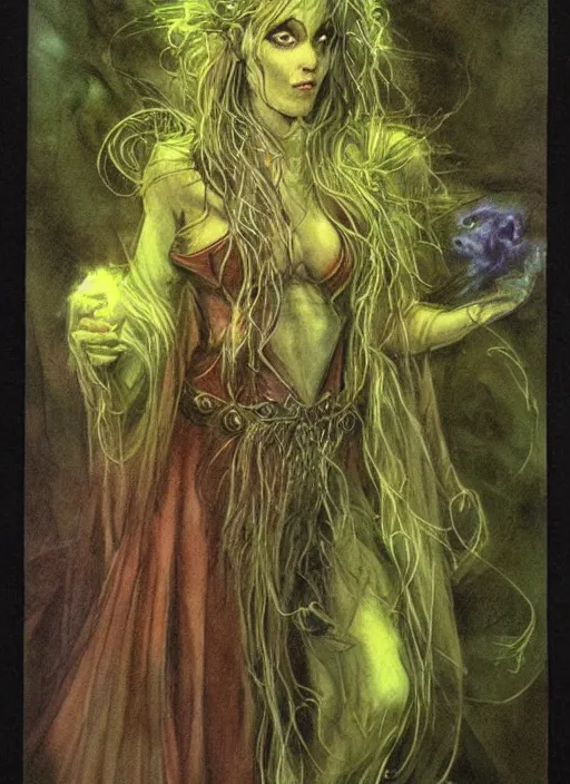 Image similar to portrait of lithe female sorceress of the fey, beautiful! coherent! dungeons and dragons character, by brian froud, strong line, night color, high contrast