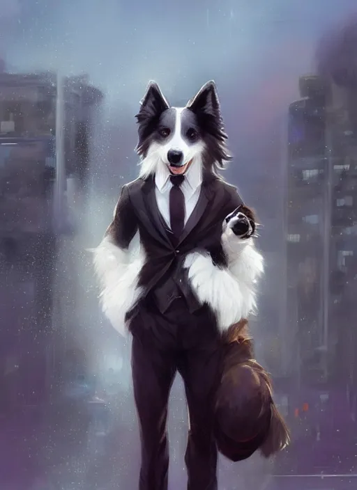 Image similar to beautiful portrait of a cute male anthropomorphic border collie fursona wearing a suit downtown. by charlie bowater, henry asencio, and ross tran. scenic background, detailed, concept art, detailed hands, glamor pose, aesthetic, trending on artstation, top rated on furaffinity and deviantart