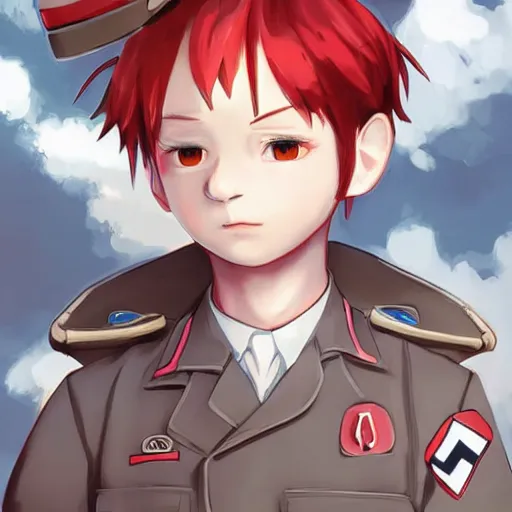 Image similar to beautiful little boy in nazi uniform posing. red, green, blue and gray pallet color. made in abyss art style, inspired by kris from deltarrune, cute detailed artwork, anatomically correct, soft details, ilya kuvshinov, reflection, perfect composition, portrait, illumination, digital art, detailed anime soft face