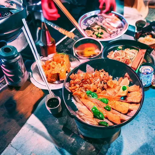 Image similar to very appetizing Japanese street food, food photography, street lights, 8k UHD