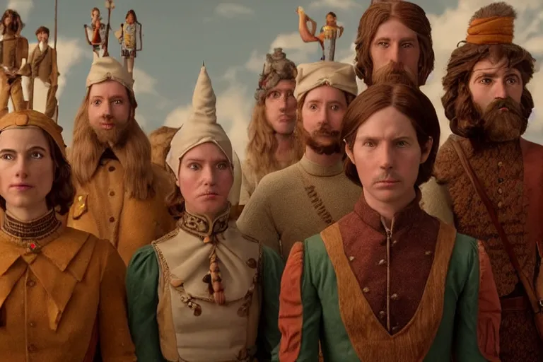 Prompt: A group of 5 adventurers lined up for a group portrait, Screenshot of Wes Anderson's New High Fantasy Movie, directed by Wes Anderson, Chest high, Photo realistic, Regal, Formal, Cinematic, Symmetrical, Satisfying dynamic lighting, Highly Detailed, Cinematic Lighting, 8k, HD