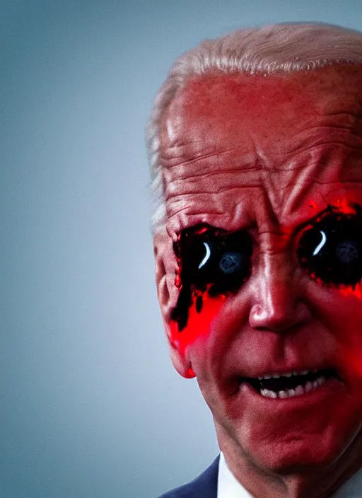 Image similar to hyper realistic ultra realistic horror terror dimensional photo furious glowing red eyes biden, high quality photo, detailed , 8k