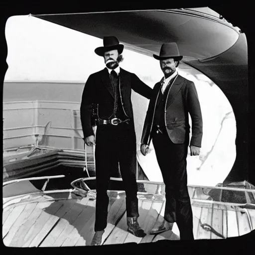 Image similar to picture of wyatt earp and doc holliday standing on the deck of a futuristic spacecraft, high detail, ultra realistic, high fidelity