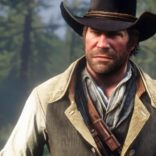 Prompt: arthur morgan from the game red dead redemption 2 holding a phone photo - realistic