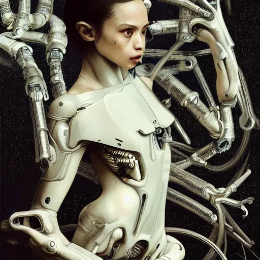 Prompt: Kiko Mizuhara is a bio mechanical cyborg, physically accurate, very dramatic dynamic lighting, intricate, very very elegant, highly detailed, digital painting, artstation, very hyperrealistic, HR GIGER, Hieronymus Bosch, Francis Bacon, concept art, smooth, sharp focus, illustration, art by artgerm and greg rutkowski and alphonse mucha