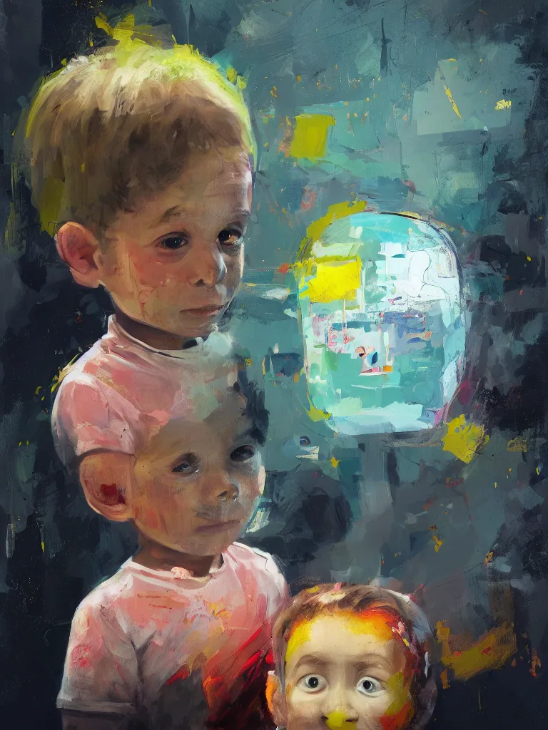 Prompt: a contemporary painting of a portrait of a cute little boy whose head bursts up and the ( ( ( brain ) ) ) comes out, black background in a painting from stalenhag 4 k 8 k hdr