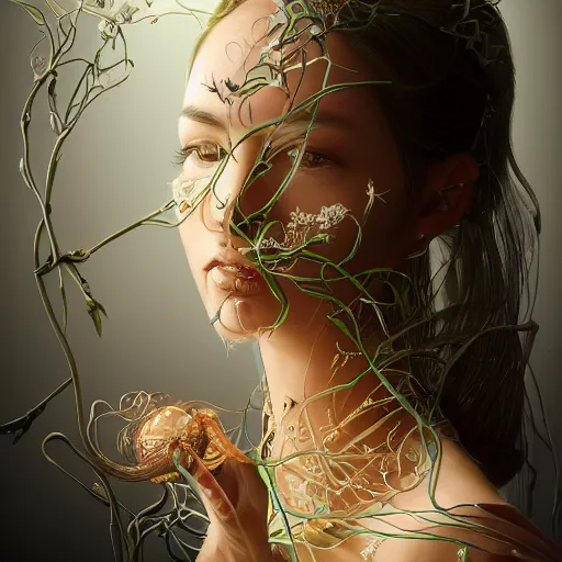 Prompt: the portrait of an absurdly beautiful, graceful, elegant, sophisticated, sensual young woman made of garlic bulbs, an ultrafine detailed hyperrealistic illustration by james jean, intricate linework, bright colors, final fantasy, behance contest winner, vanitas, angular, altermodern, unreal engine 5 highly rendered, global illumination, radiant light, detailed and intricate environment