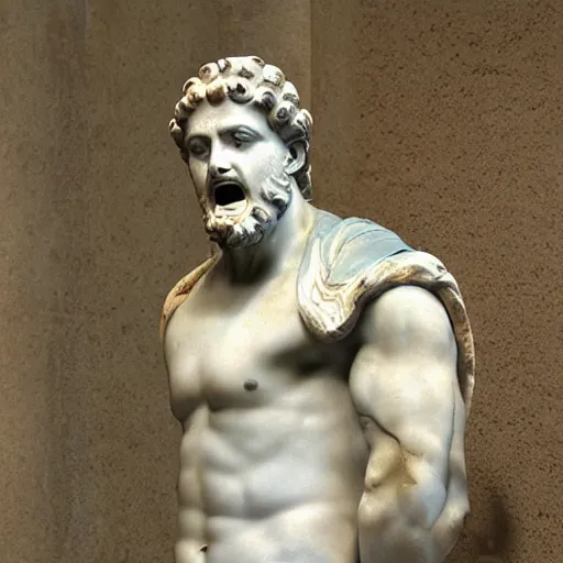 Image similar to roman sculpture of zeus singing karaoke