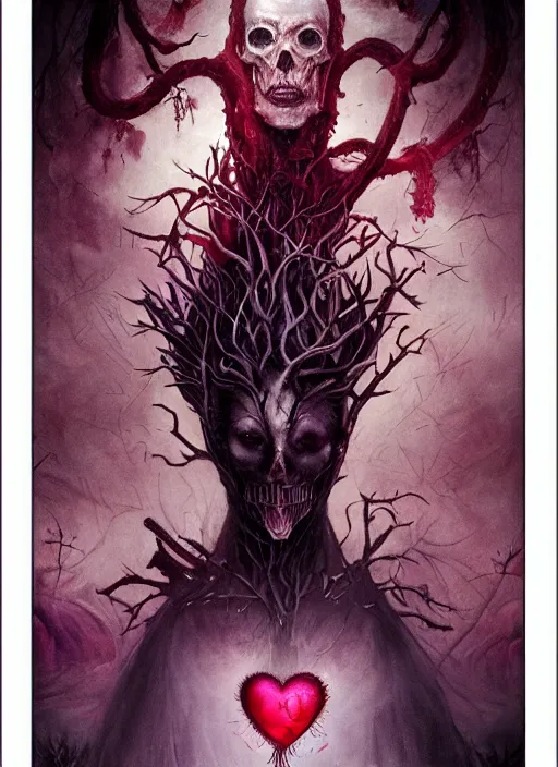 Image similar to the knave of hearts, death tarot card, highly detailed, cinematic, 8 k, by megan duncanson, benjamin lacombe, adrian borda, stanley artgermm, tom bagshaw, craig mullins, carne griffiths, ayami kojima, beksinski, giger, trending on deviantart, hyper detailed, horror, full of colour