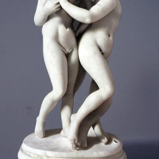 Image similar to sculpture of venus de milo and aphrodite kissing, hyperrealistic style in carrara marble