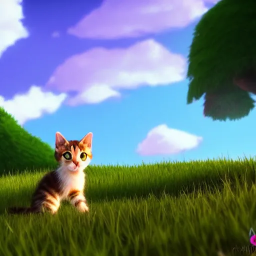 Prompt: ! dream a wholesome animation key shot of a kitten on a hill, simetrical medium shot, studio ghibli, pixar and disney animation, sharp, rendered in unreal engine 5, anime key art, bloom, dramatic lighting