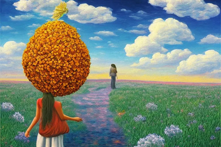 Image similar to giant flower head, woman walking, surreal, clouds in sky, impressionist painting, digital painting, artstation, rob gonsalves