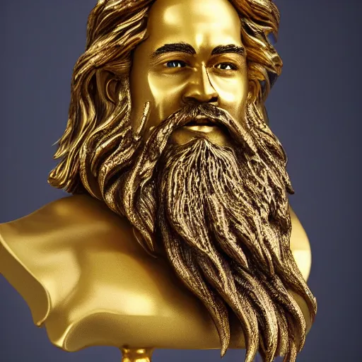 Prompt: a flawless, purely golden sculpture of a man with long hair, with trimmed beard, smiling widely. entirely gold statue, extremely detailed, award-winning art, trending on Artstation