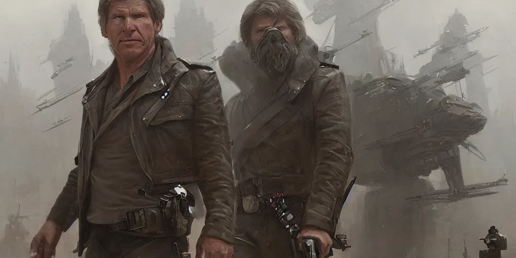 Prompt: a highly detailed epic cinematic concept art CG render digital painting artwork: Soviet dieselpunk Han Solo played by Harrison Ford directed by David Fincher. By Greg Rutkowski, Ilya Kuvshinov, WLOP, Stanley Artgerm Lau, Ruan Jia and Fenghua Zhong, trending on ArtStation, subtle muted cinematic colors, made in Maya, Blender and Photoshop, octane render, excellent composition, cinematic atmosphere, dynamic dramatic cinematic lighting, precise correct anatomy, aesthetic, very inspirational, arthouse