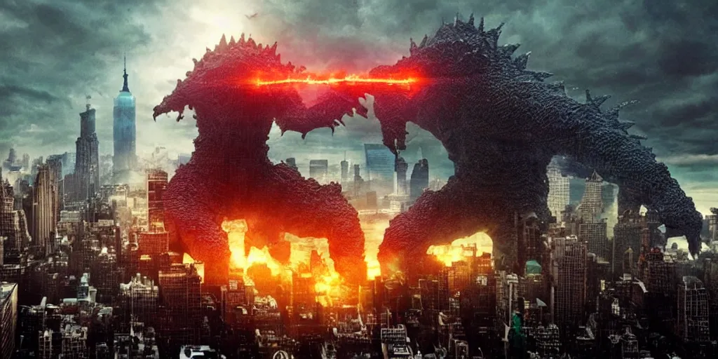 Image similar to A Cyber Kaiju Attacking new york, cinematic, Michael bay movie