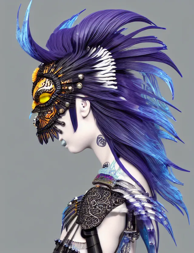 Image similar to 3 d goddess close - up profile simple portrait punk with mohawk with ram skull. beautiful intricately detailed japanese crow kitsune mask and clasical japanese kimono. betta fish, jellyfish phoenix, bio luminescent, plasma, ice, water, wind, creature, artwork by tooth wu and wlop and beeple and greg rutkowski