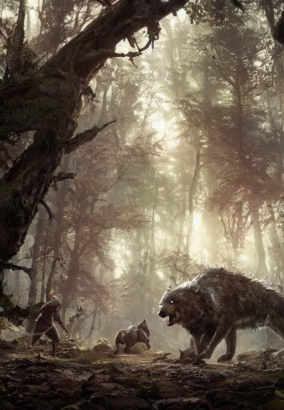 Image similar to a party of adventurers are attacked by a dire wolf in a forest glade, digital art, greg rutkowski, junju ito, unreal engine, octane render, cinematic lighting, highly detailed